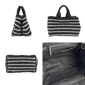 Prada Off White Black Shoulder Canapa 2way Bag Raffia Silver